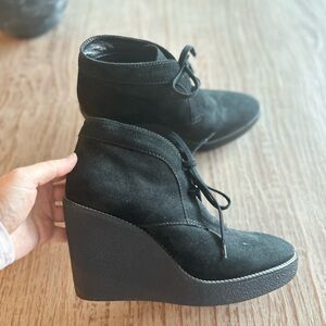 Aquatalia Vickie black suede ankle boot w/ rubber wedge heel.